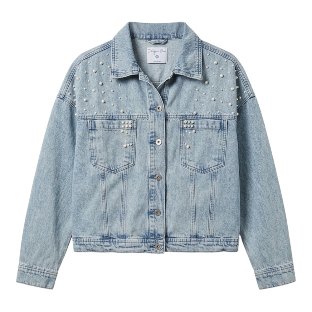 Indulge in Blue Pearl-Studded Denim Jacket Size 1X - Picture 2 of 2